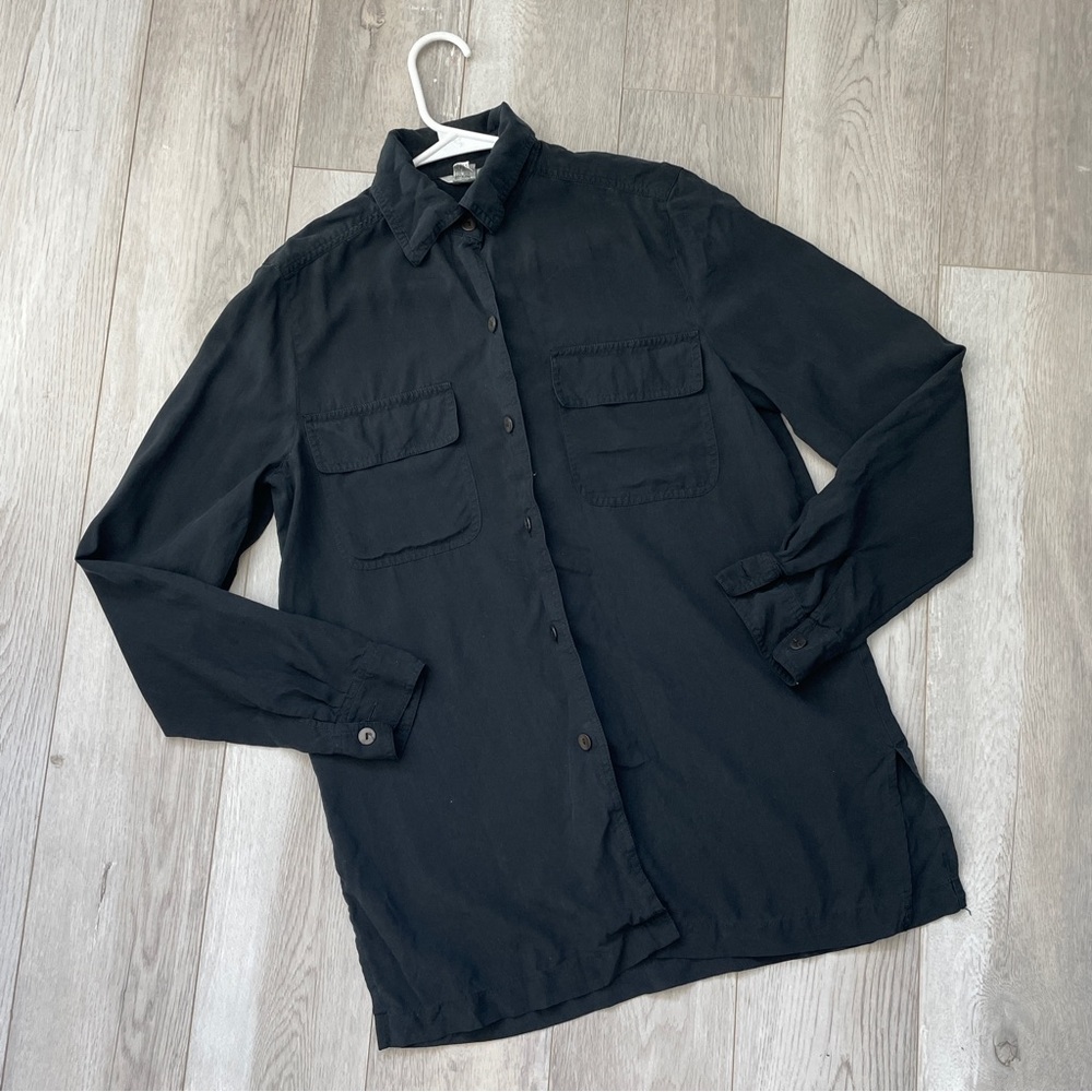 Silk Button Up Shirt long womens Black (small) vintage minimalist contemporary